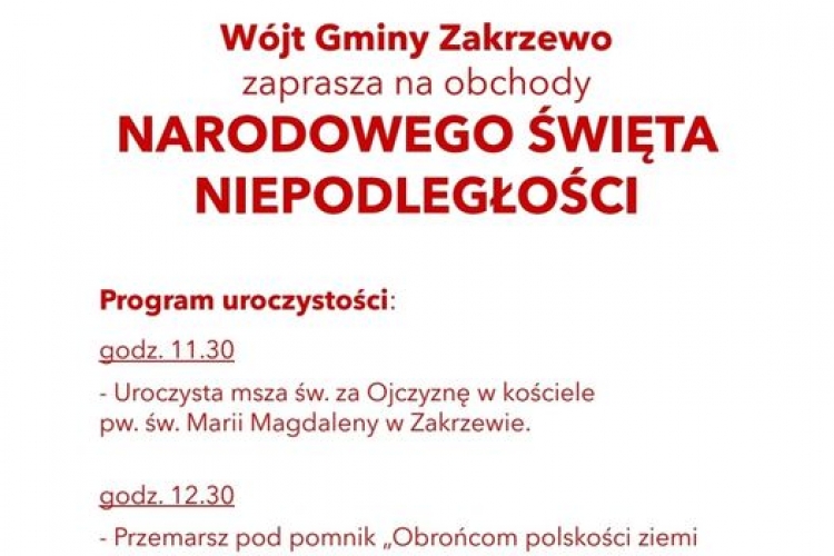 Wójt Gminy Zakrzewo zaprasza na obchody Narodowego Święta Niepodległości.