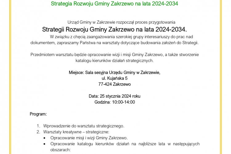 ZAPROSZENIE NA WARSZATATY budowania Strategia Rozwoju Gminy Zakrzewo na lata 2024-2034