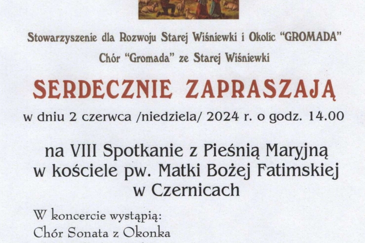 Miniatura Zaproszenie na VIII Spotkanie z Pieśnią Maryjną w kościele w Czernicach- 02.06.2024 r.