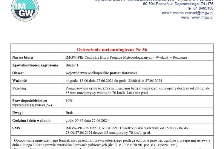 Ostrzeżenie meteorologiczne Nr 56-Burze/1