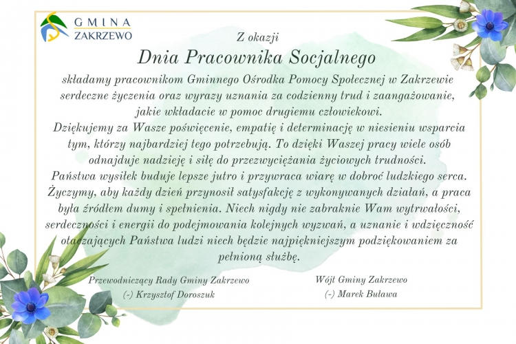Życzenia z okazji Dnia Pracownika Socjalnego