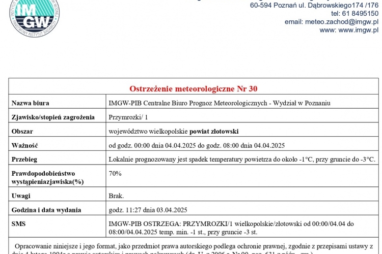 Ostrzeżenie meteorologiczne - przymrozki/1