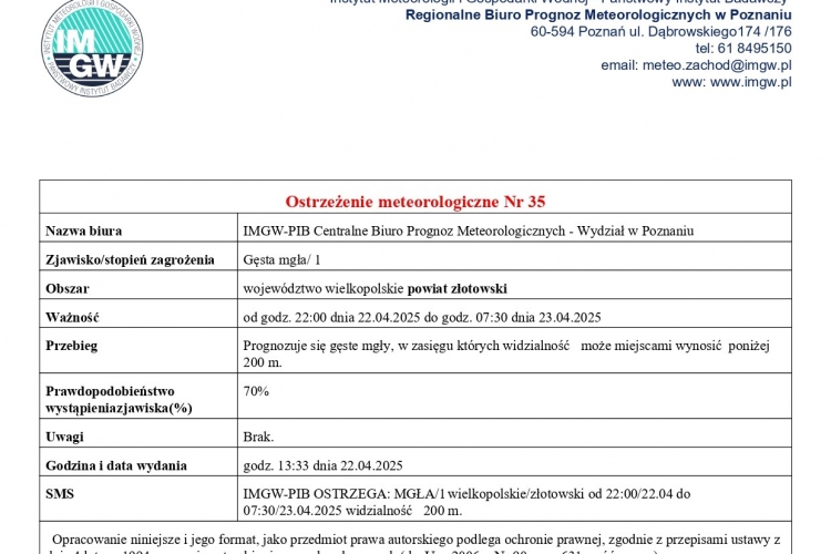 Ostrzeżenie meteorologiczne nr 35- gęsta mgła/1
