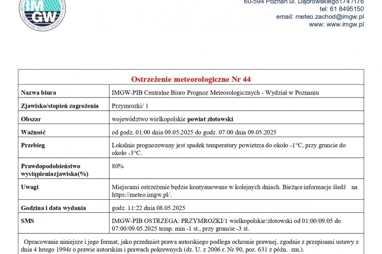 Ostrzeżenie meteorologiczne nr 44- przymrozki/1