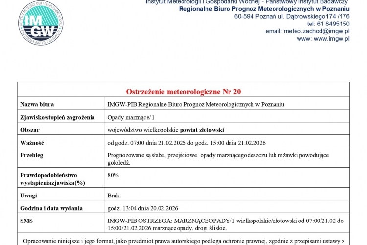 Ostrzeżenie meteorologiczne Nr 20 - opady marznące/1