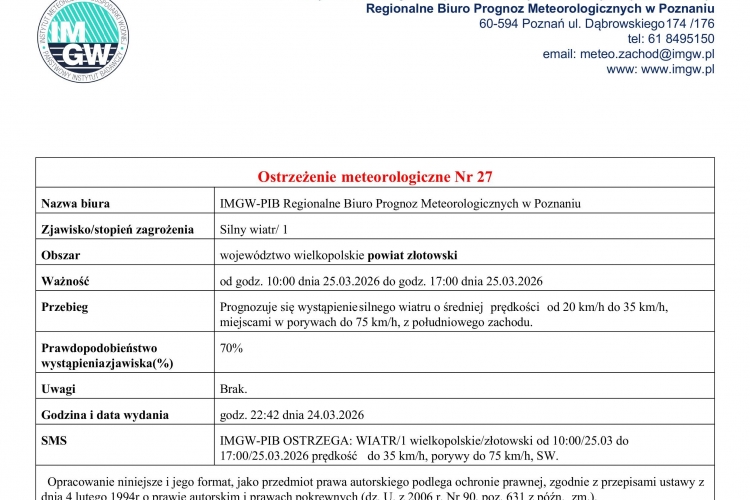 Ostrzeżenie meteorologiczne Nr 27 - silny wiatr/1