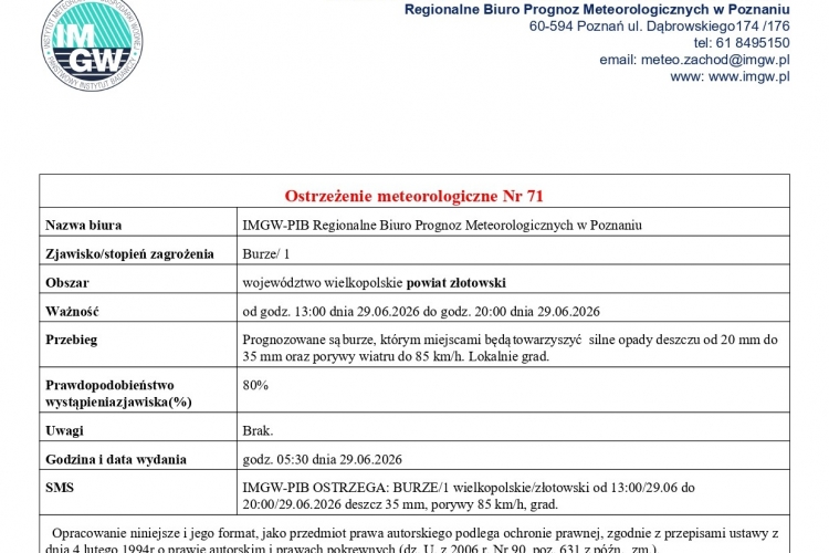 Miniatura Ostrzeżenie meteorologiczne Nr 71 - burze/1