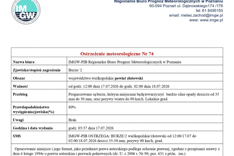 Ostrzeżenie meteorologiczne Nr 74- Burze/2